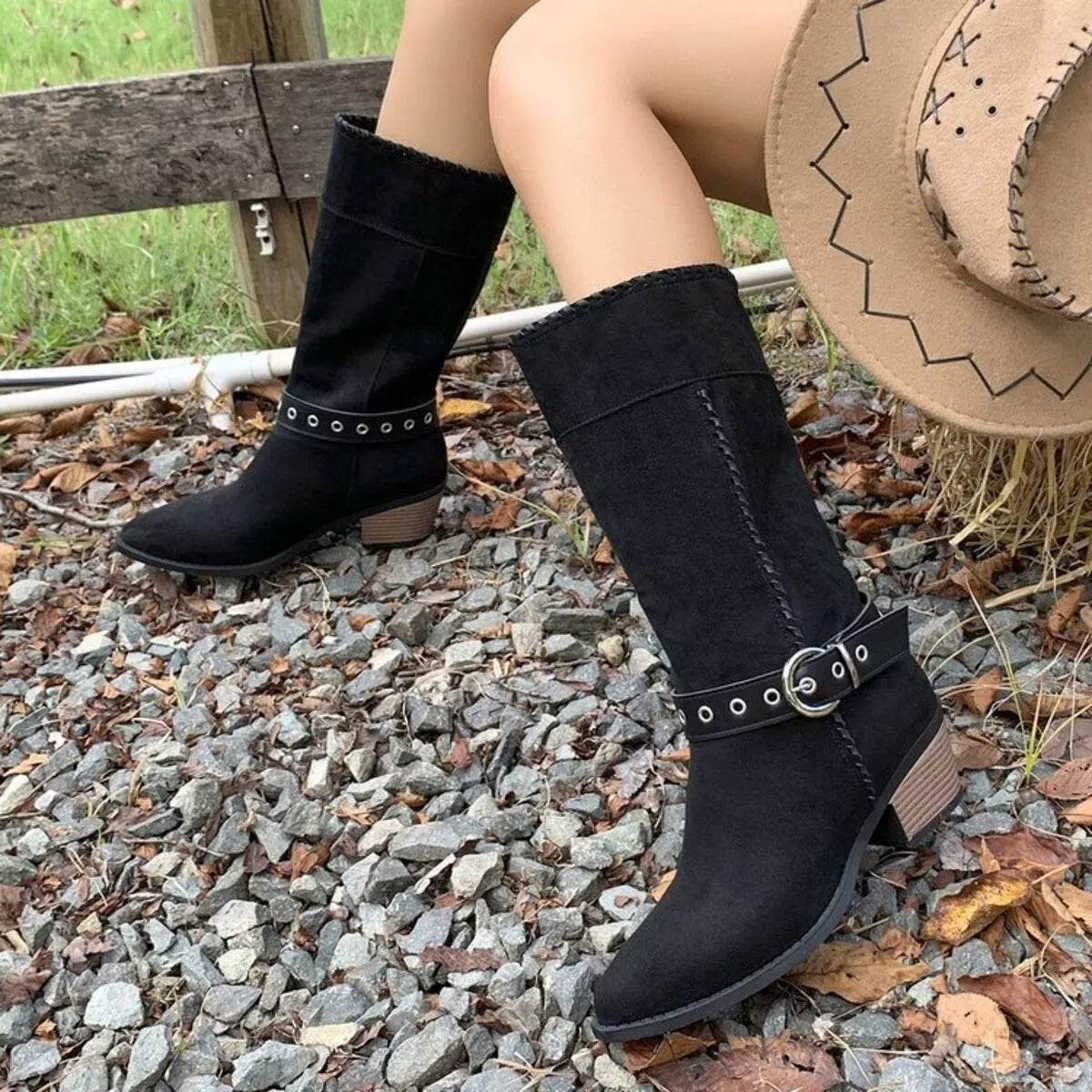 Point Toe Block Heels Boots - Mid Heel Ankle Boots - Fashions Envy