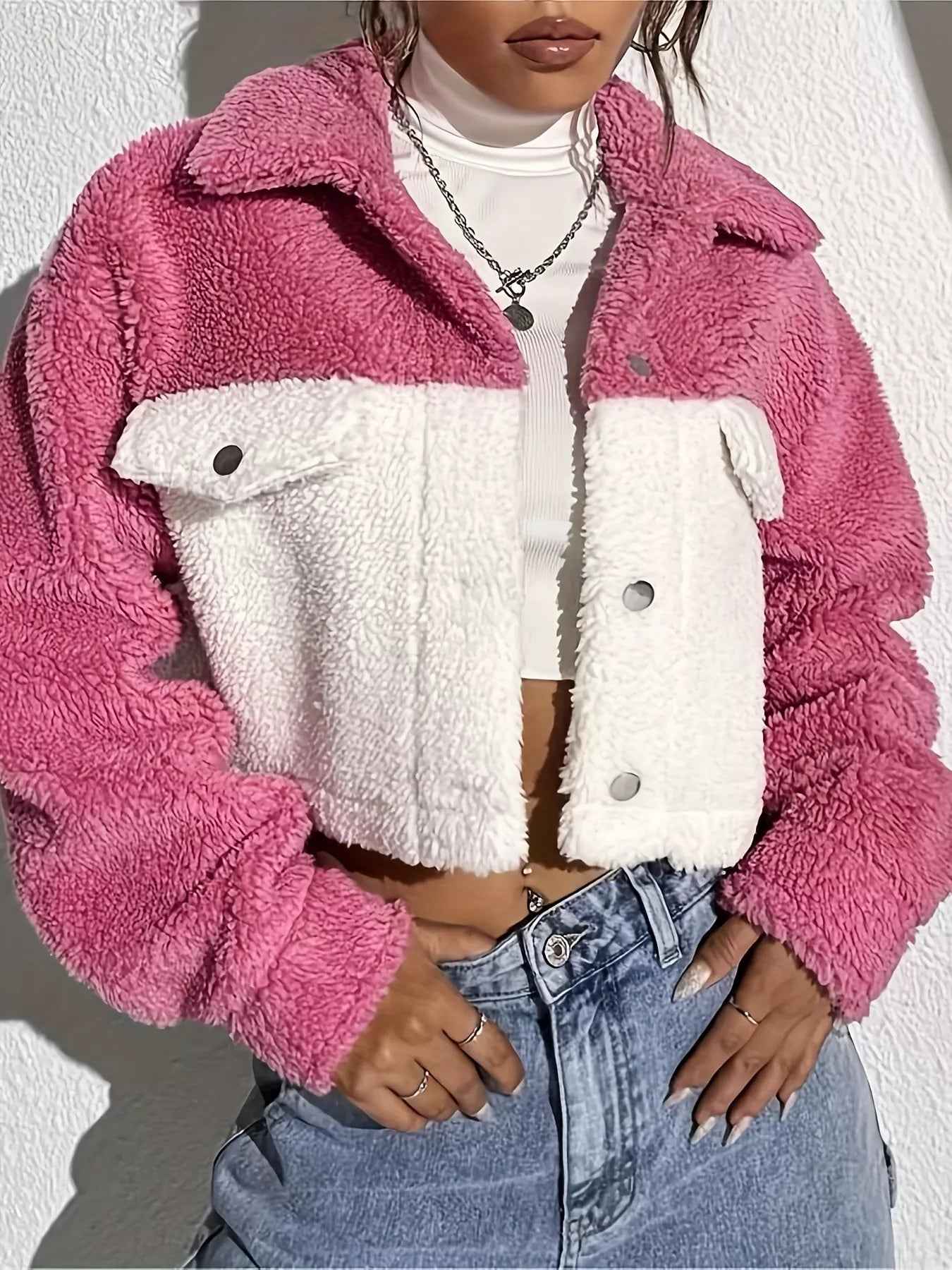Two-Tone Plush Cropped Jacket - Cozy Button-Up Style - Fashions Envy