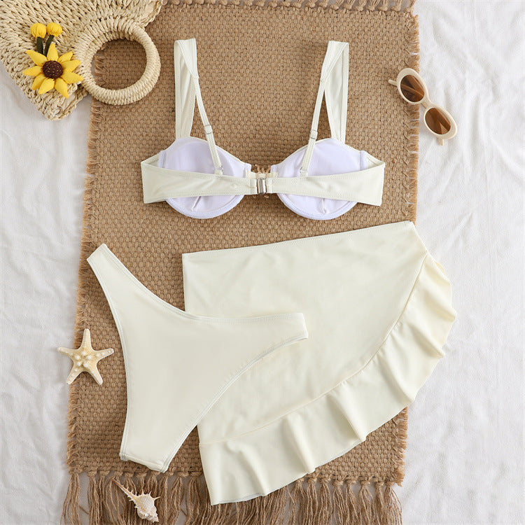 Underwire Bikini Set with Ruffle Sarong Skirt - 3-Piece Swimsuit