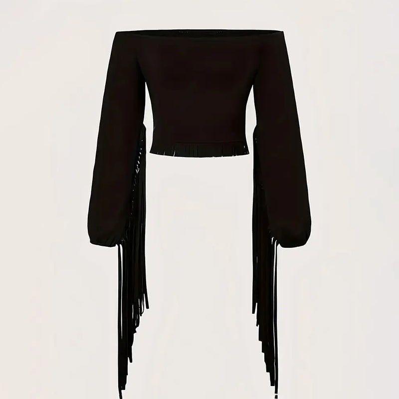 Women's Western Cowgirl Off-Shoulder Fringe Top - Slim Fitted Tassel Blouse