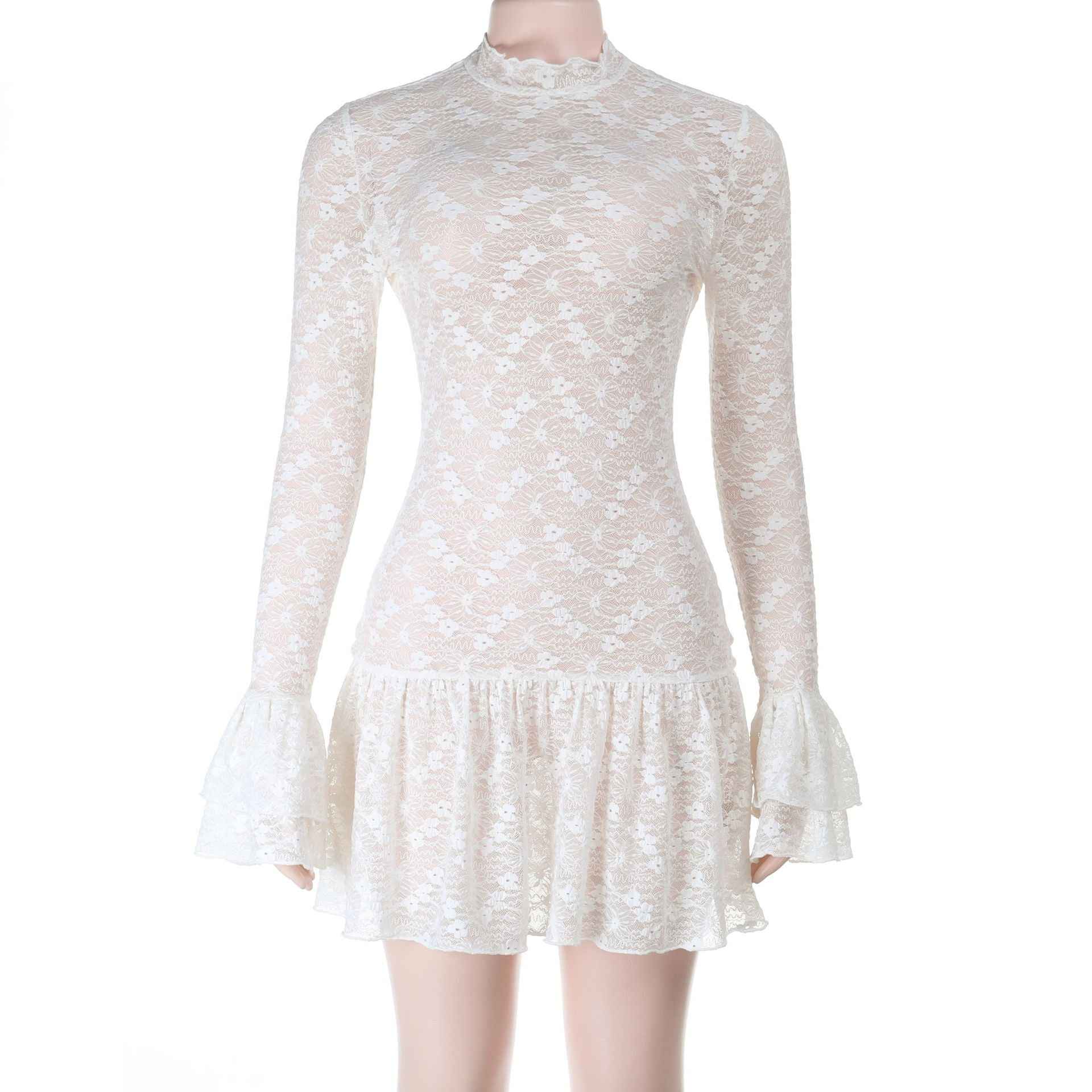 Lace See-Through Mini Dress - Long Sleeve V-Neck Apricot