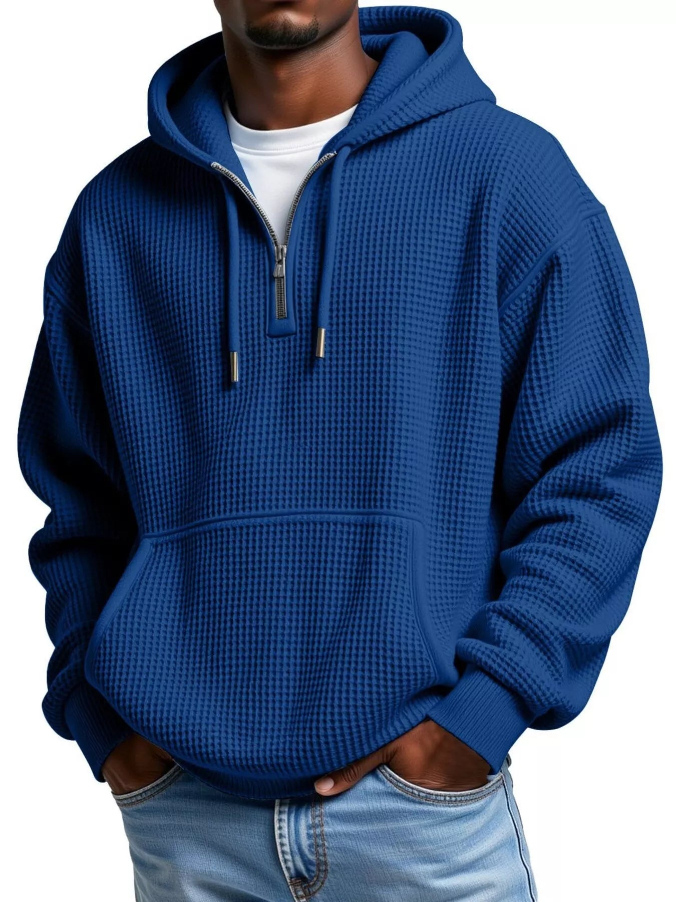Waffle Knit Half-Zip Hoodie Men - Textured Cotton Blend - Fashions Envy