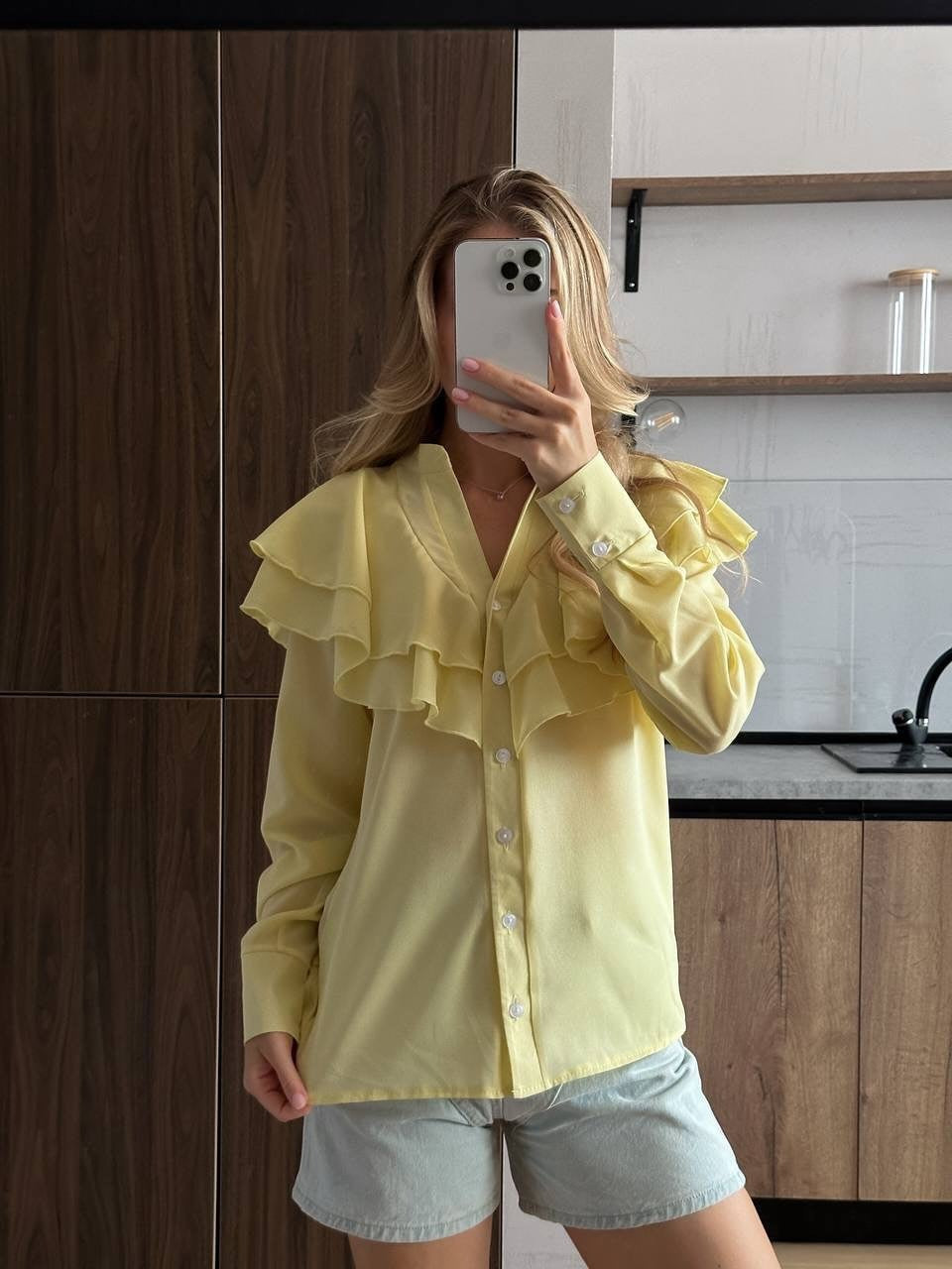 Ruffled V-Neck Blouse - Tiered Collar Chiffon Top