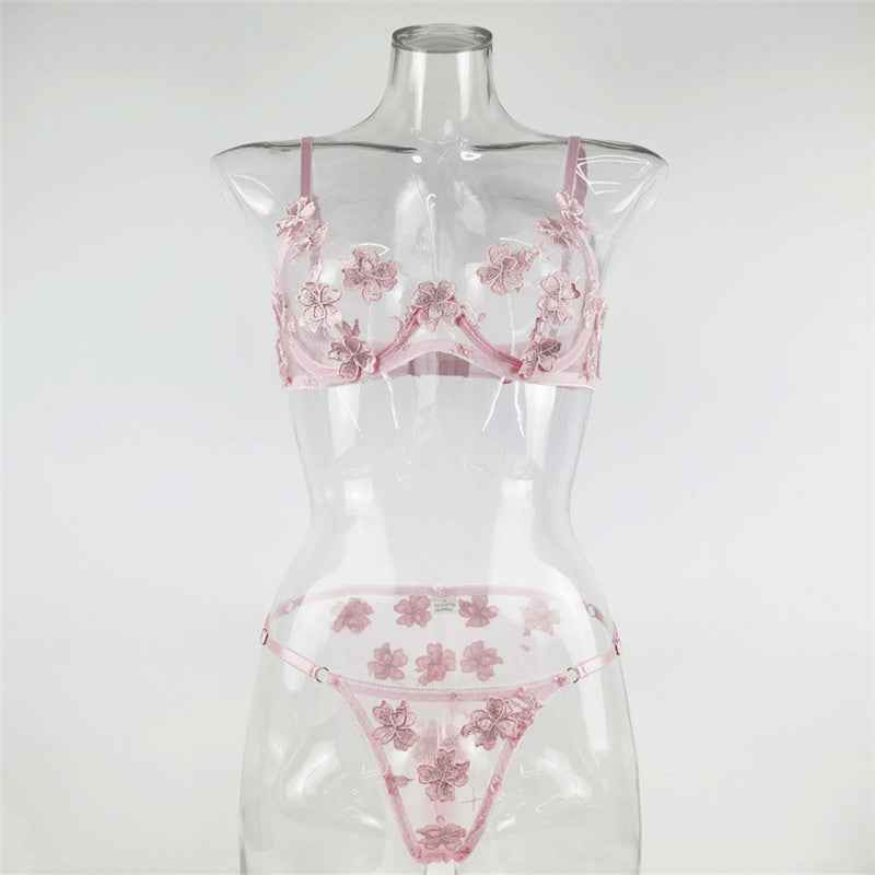 See-through Embroidered Lingerie Set - Sexy Thong and Bra