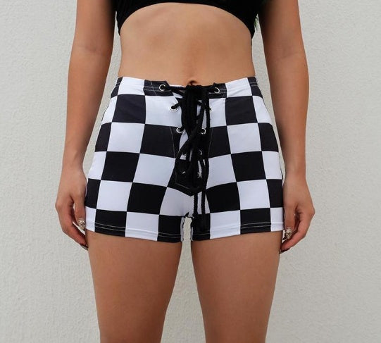 Checkered Lace-Up Shorts - High Waist Hot Pants