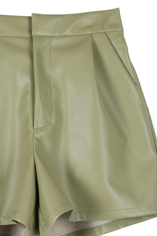 Pintuck Vegan Wide Elastic Band Leather Mini Shorts