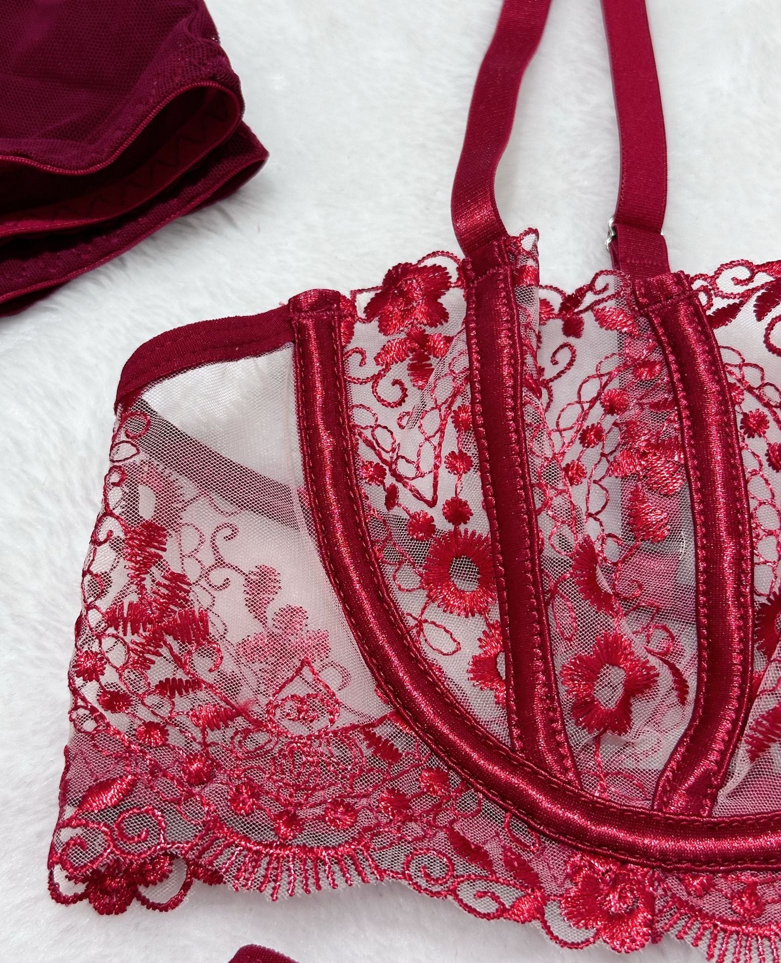 Floral Embroidery Mesh Lingerie Set - Sheer Patchwork - Fashions Envy