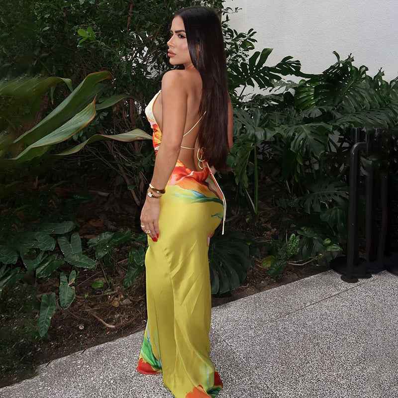 Low-cut Sexy Maxi Dress - Backless Cross-Strap