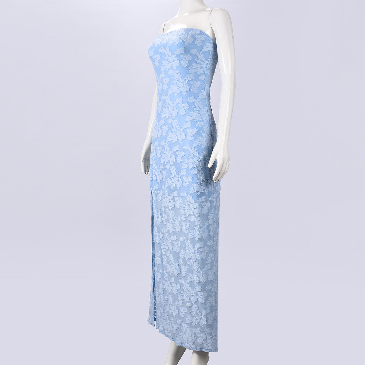 Strapless Backless Maxi Dress - Burnt Floral Blue - Fashions Envy