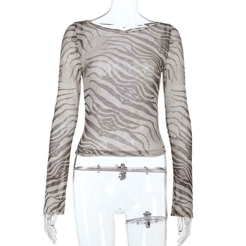 Sheer Animal Print Crop Top - Khaki Long Sleeve Mesh