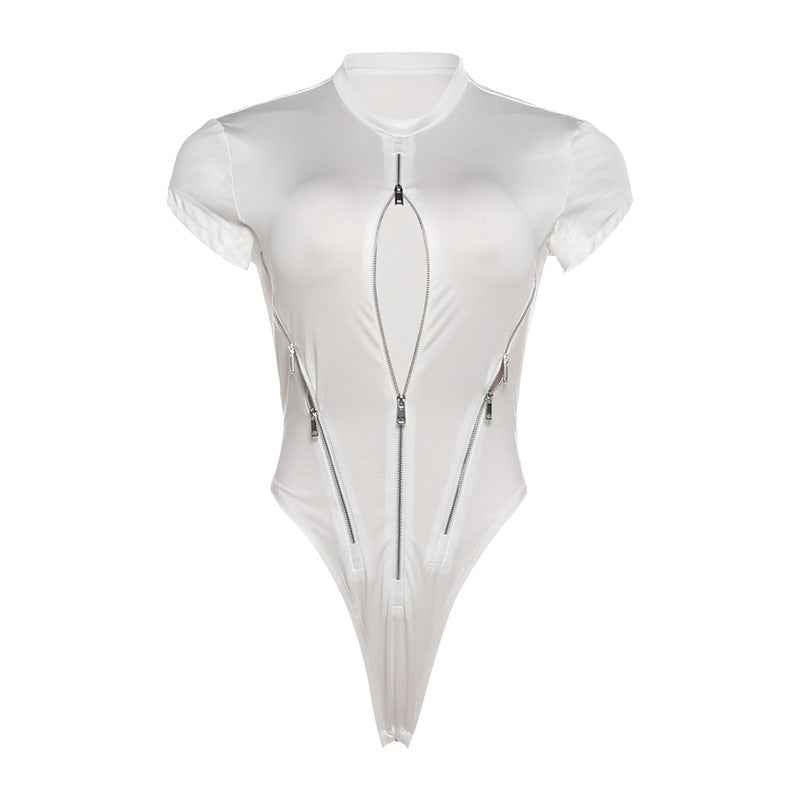 Zipper Sexy Cut-Out Bodysuit - Bodycon Short Sleeve