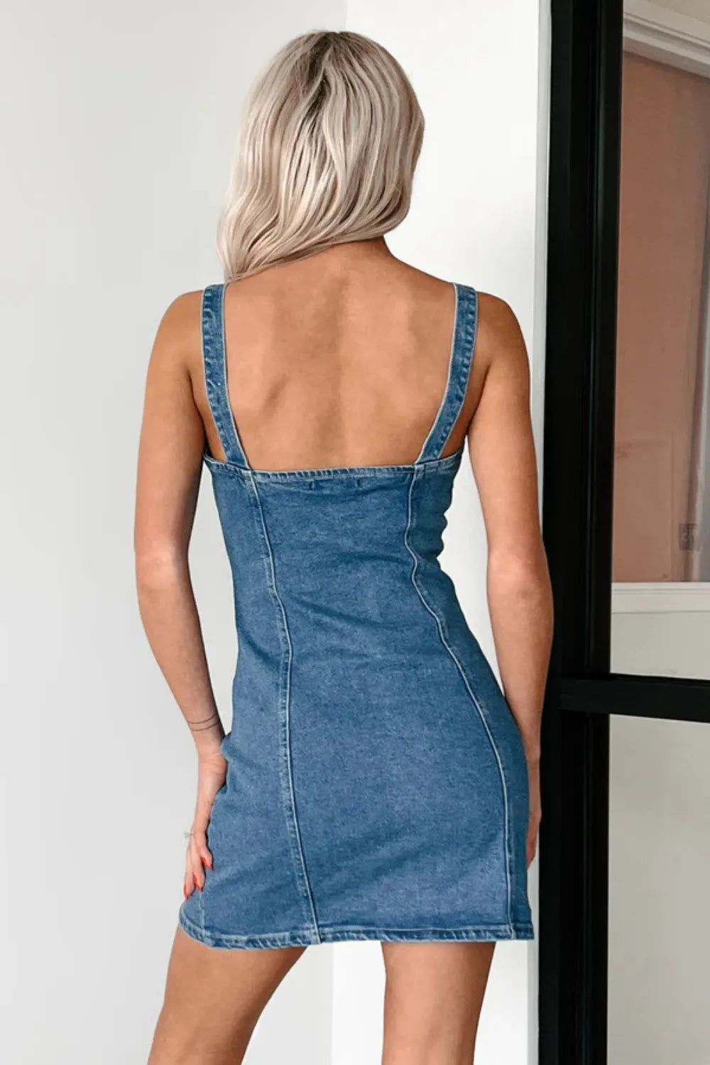 Denim Cami Mini Dress - Button Down Front Slit Hem