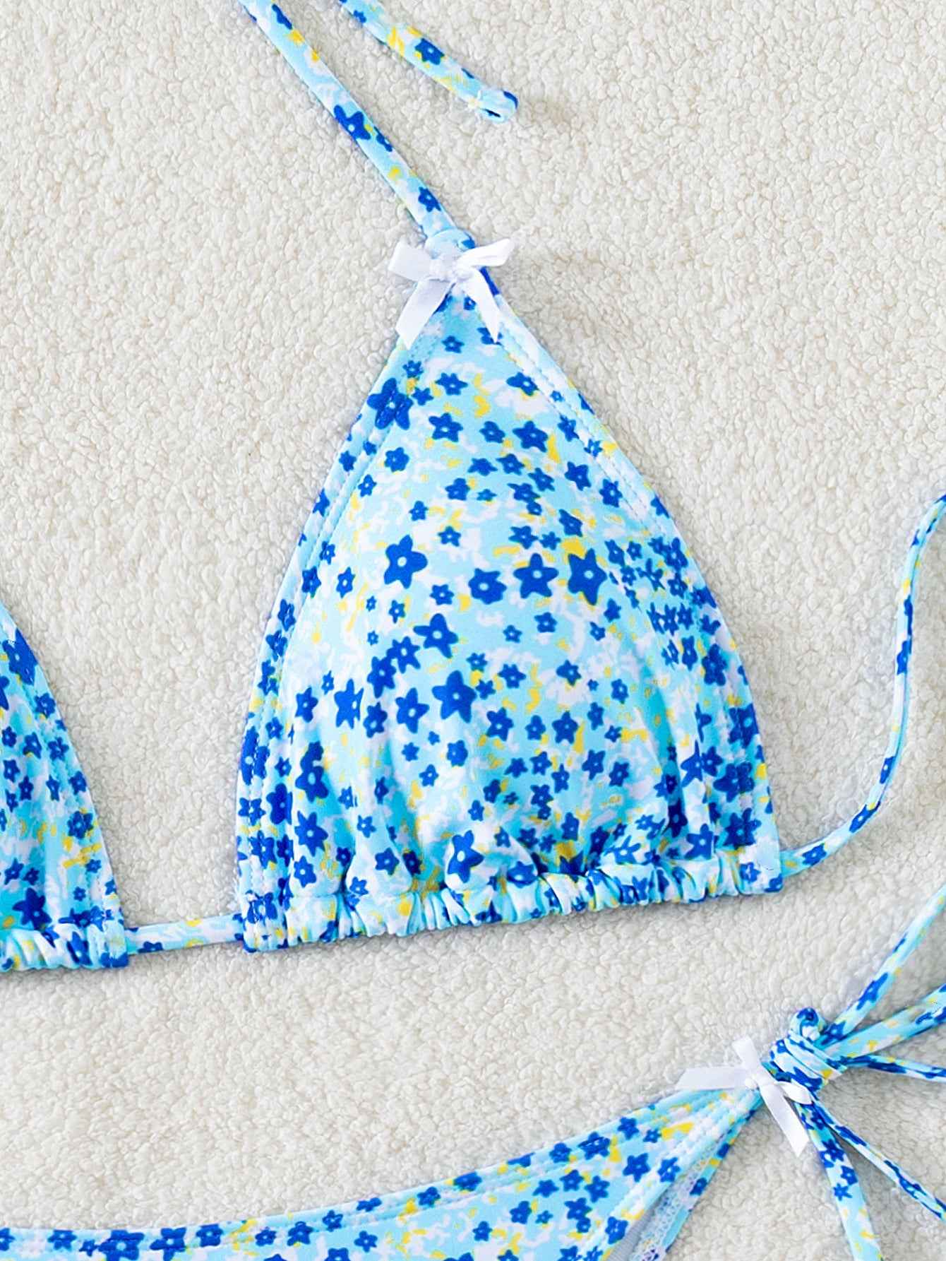 Floral Triangle Bikini - Lace Up Front Tie Bottoms Set