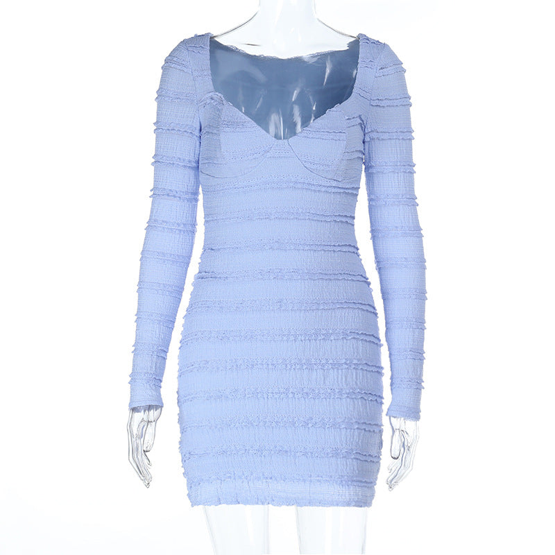 V-Neck Knit Mini Dress - Blue Textured Long Sleeve - Fashions Envy