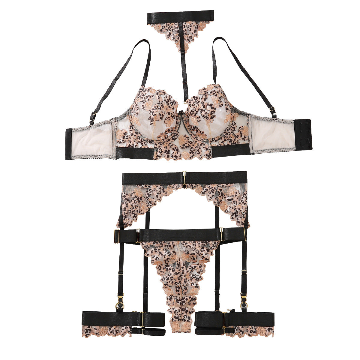 Leopard Print Lingerie Set - Five Piece Embroidered