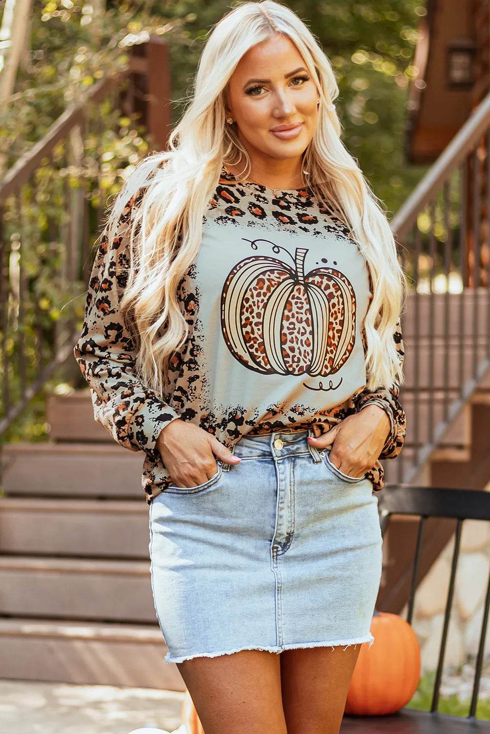 Pumpkin Graphic Leopard Print Long Sleeve Sweatshirt - Fall Fashion Statement - Fashions Envy