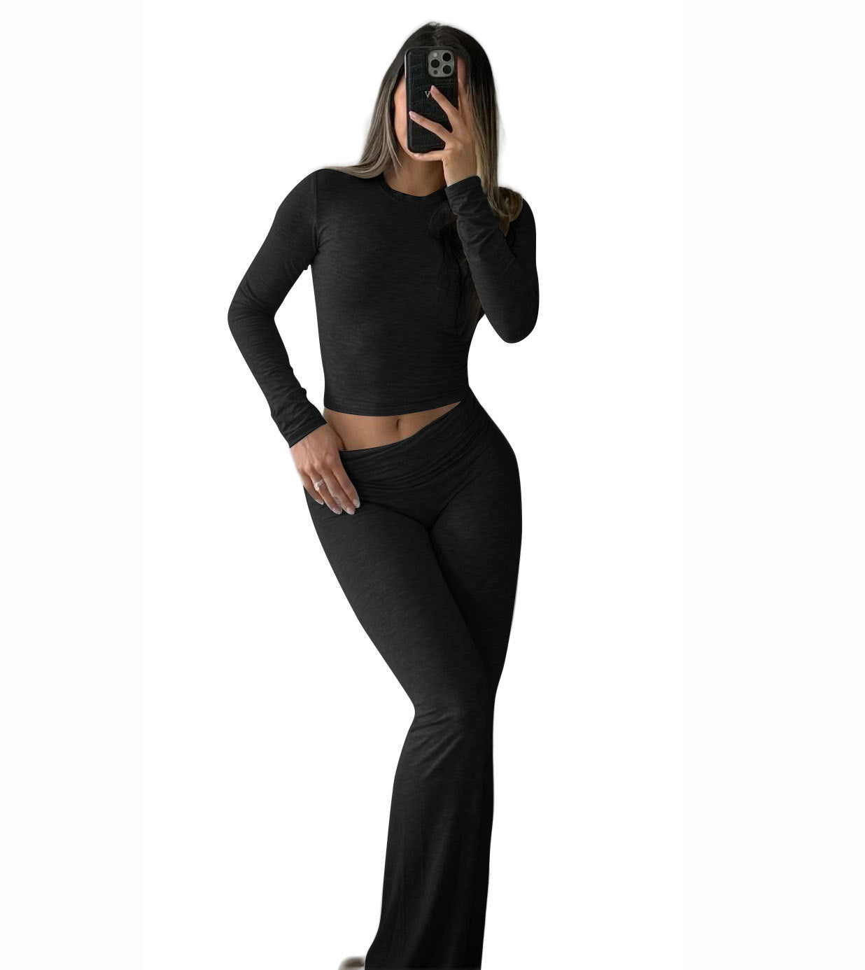 Sports Two Piece Set - High Waisted Flared Pants Streetwear