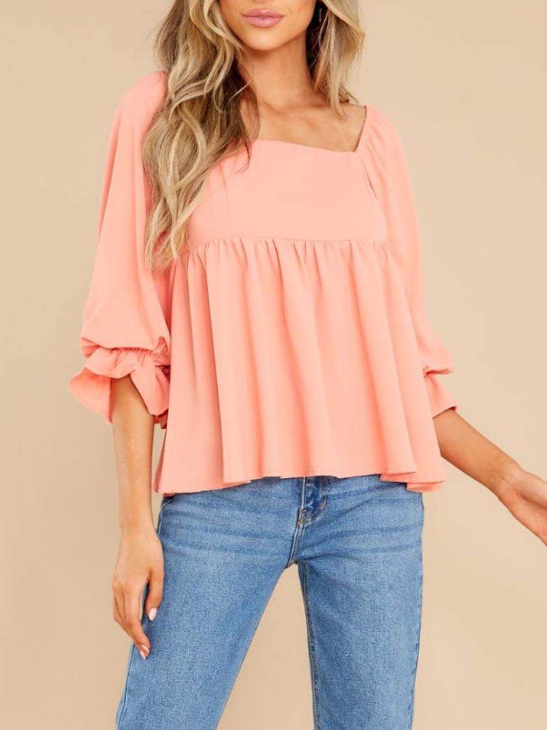 Smocked Square Neck Flounce Sleeve Blouse - Fashions Envy