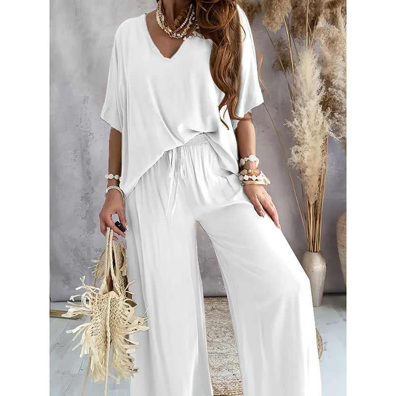 Two-Piece Lounge Set - V-Neck Top & Wide Leg Pants