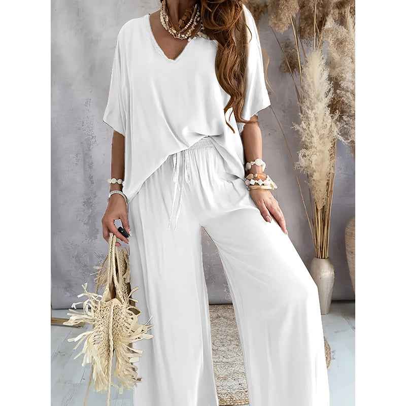Two-Piece Lounge Set - V-Neck Top & Wide Leg Pants - Fashions Envy
