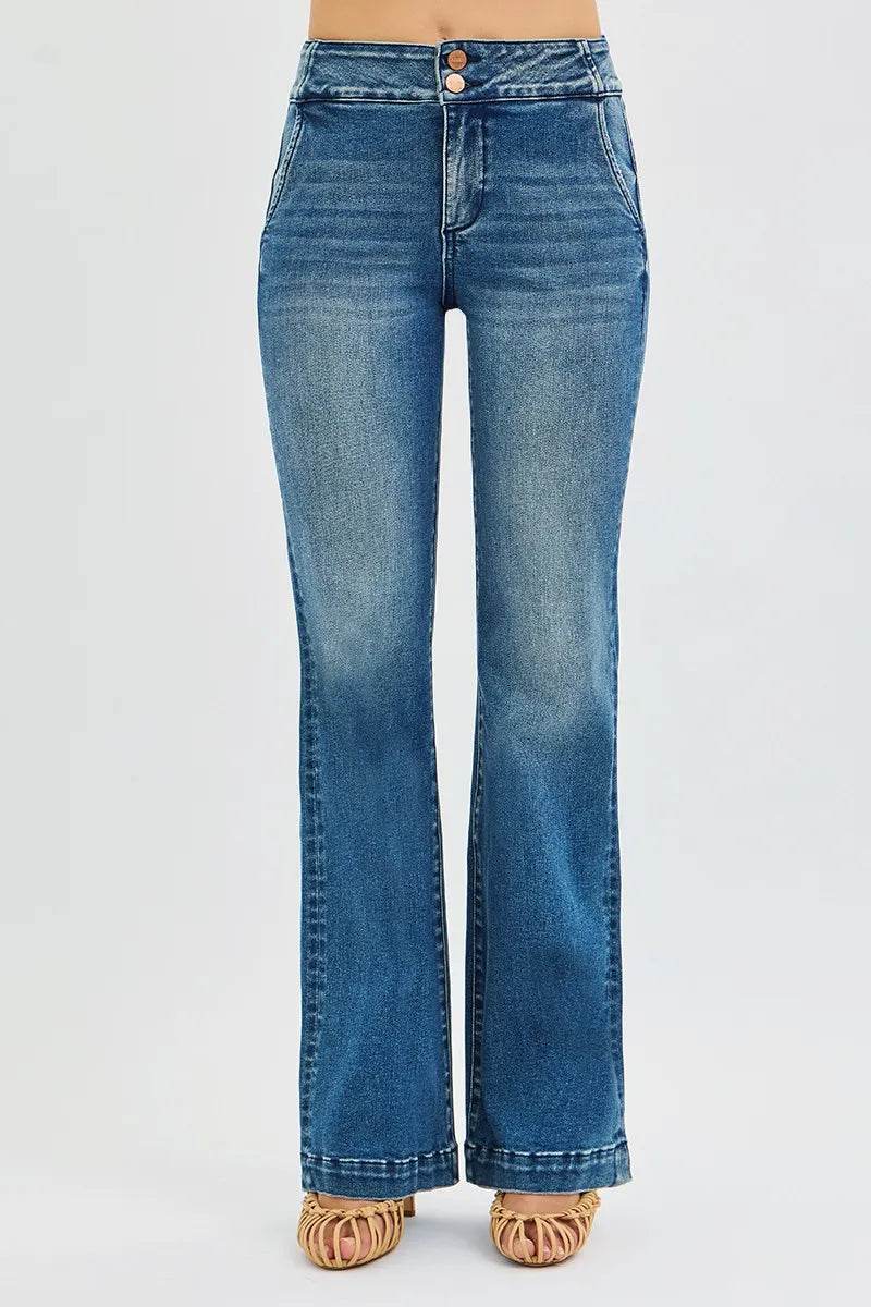 RISEN Full Size Tummy Control High Rise Bootcut Jeans with Double Button Waistband Plus Size - Fashions Envy