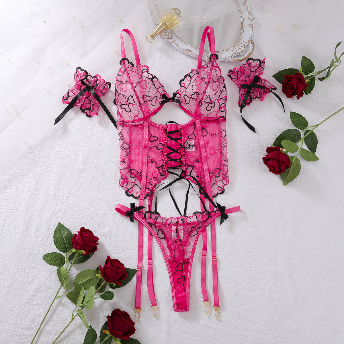 Love Embroidered Garter Set - 3PC Lace-Up Lingerie