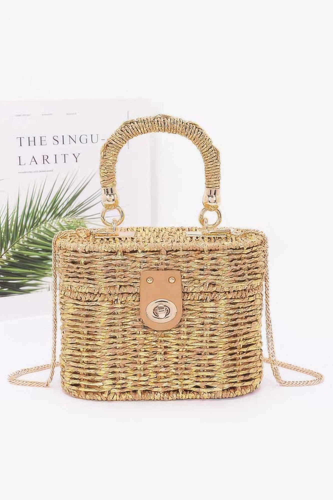 CCWHOLESALECLOTHING gold woven Top Handle Bag with box shape turn lock closure and detachable chain strap