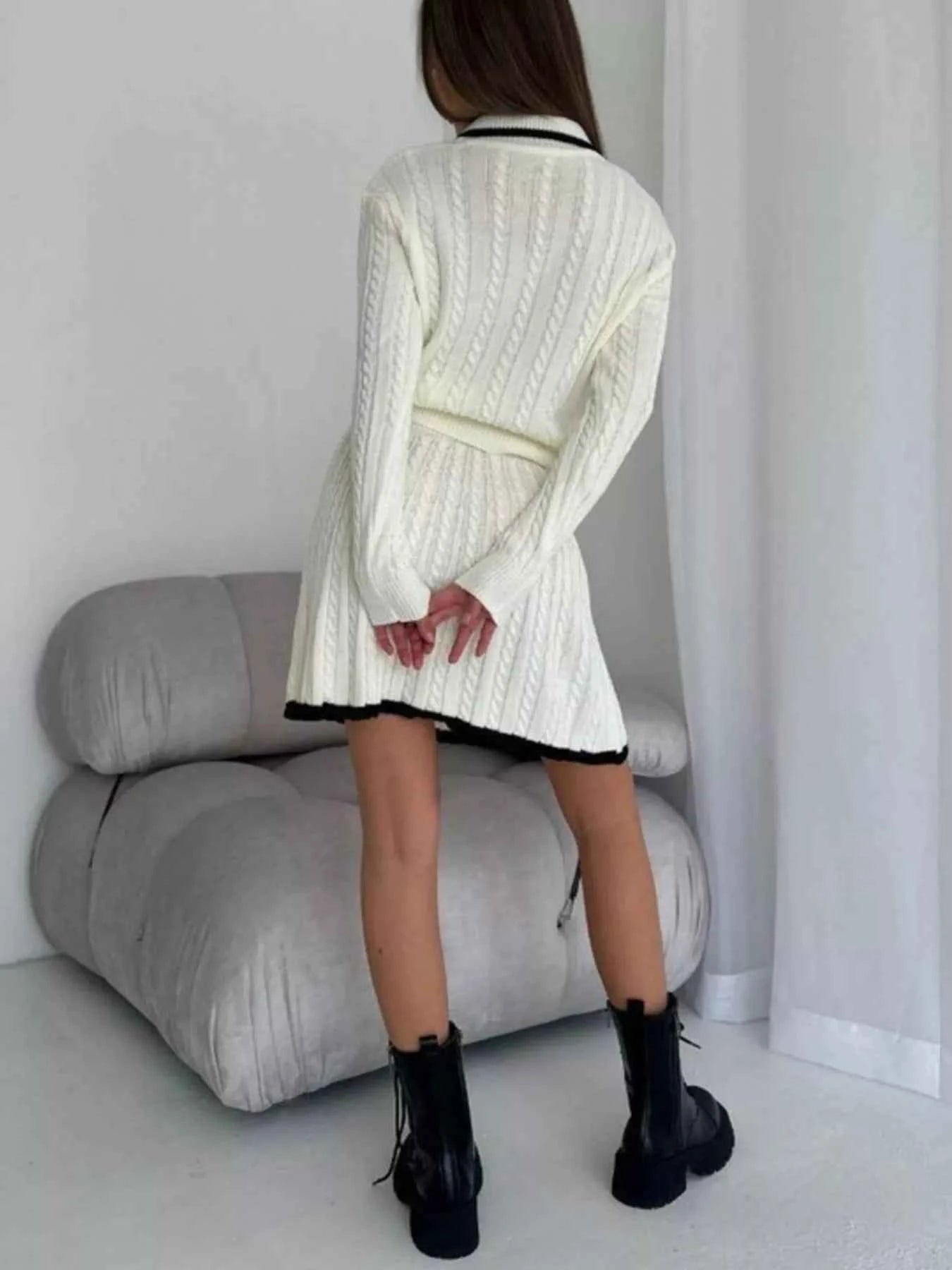 Cable Knit Long Sleeve Top and Skirt Sweater Set