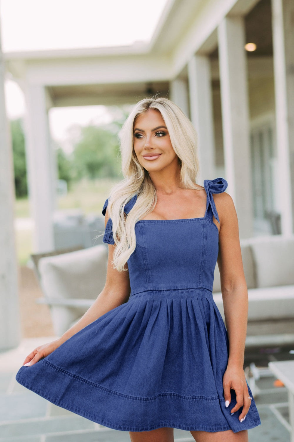 Square Neck Tie Shoulder Denim Mini Dress