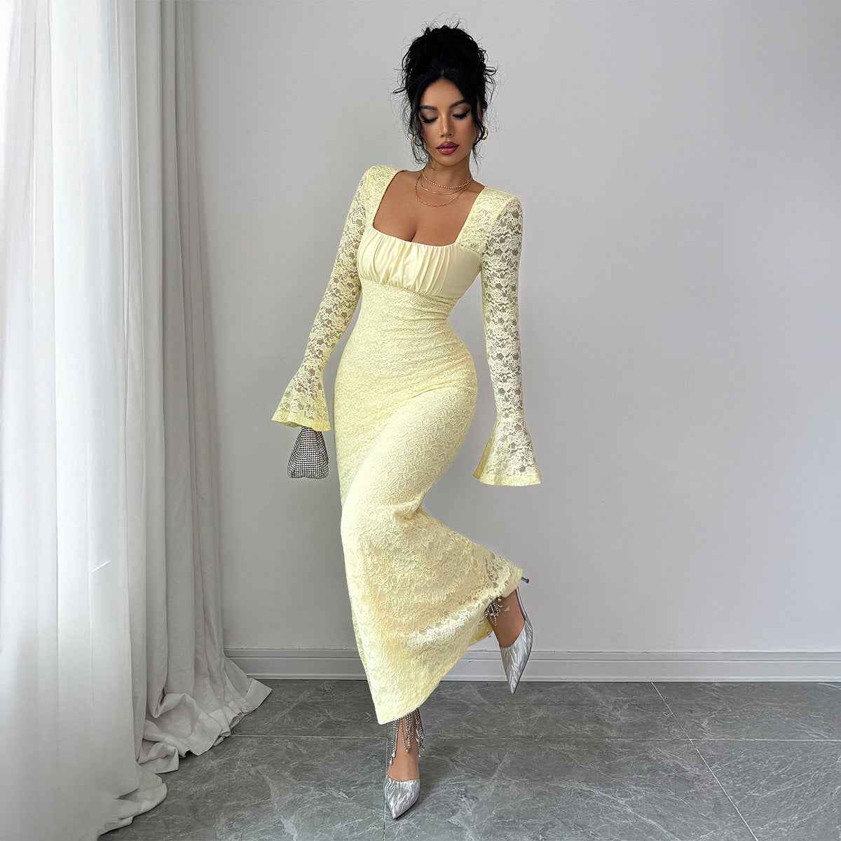 Elegant Lace Bodycon Maxi Dress - Chic Yellow Gown
