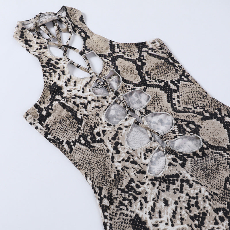 Snakeskin Mini Dress - Cutout Chest Adjustable Tie Slim Fit