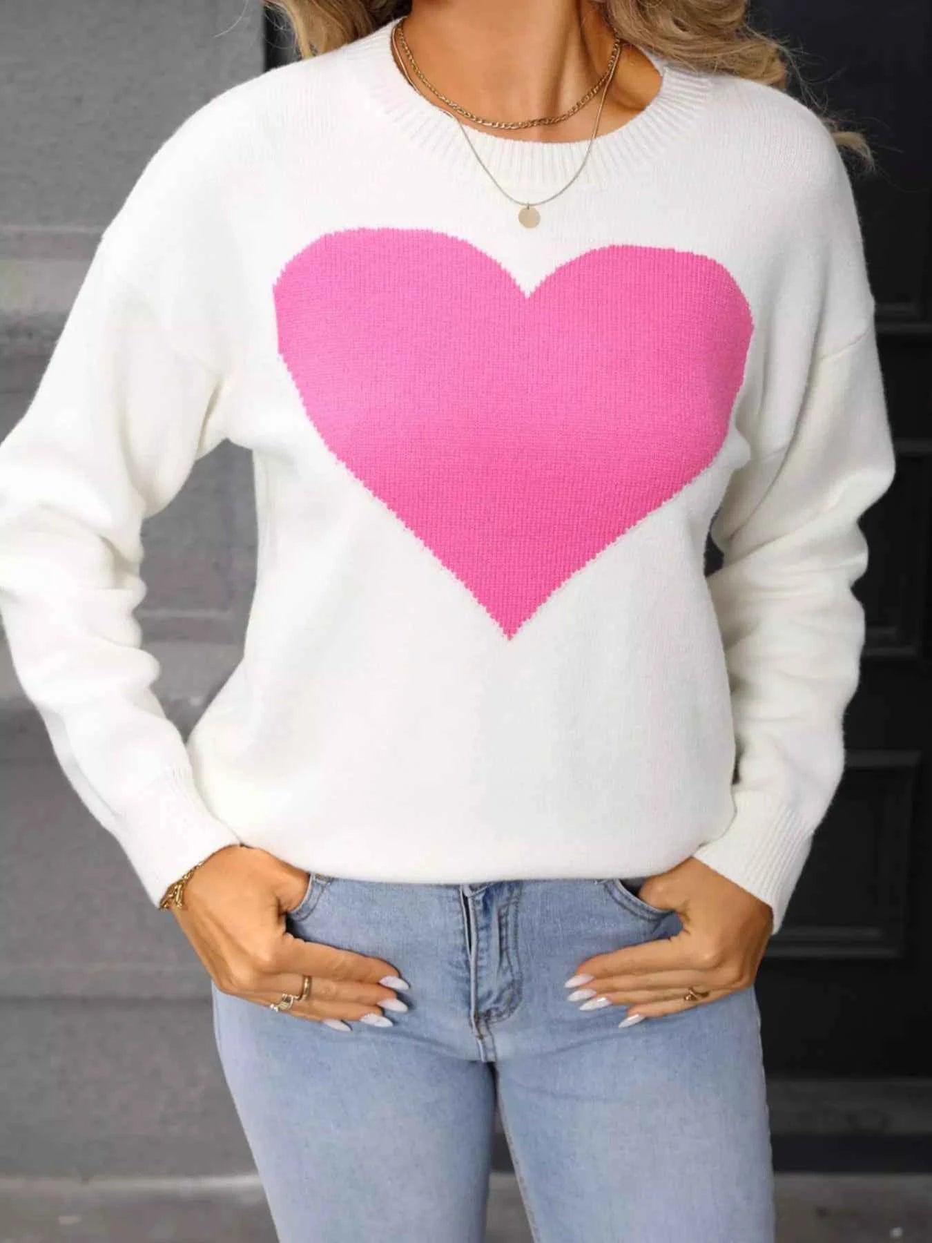 Valentine's Day Heart Round Neck Dropped Shoulder Sweater - Fashions Envy