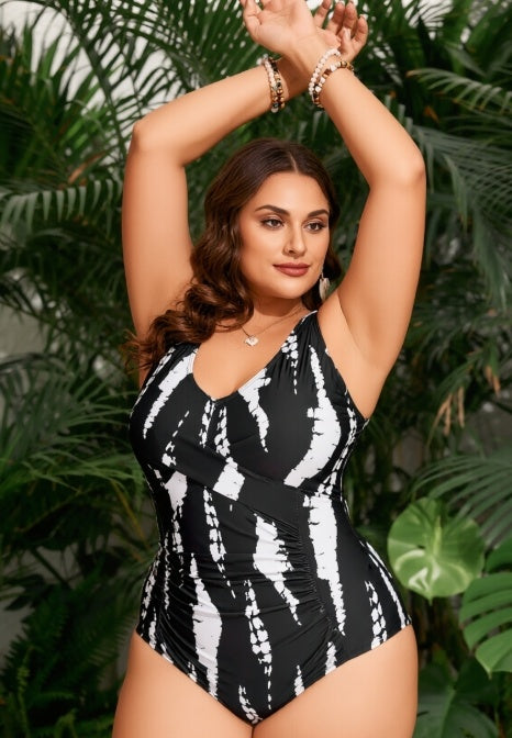 Plus Size V-Neck Abstract Print Swimsuit - Black White Tank Style