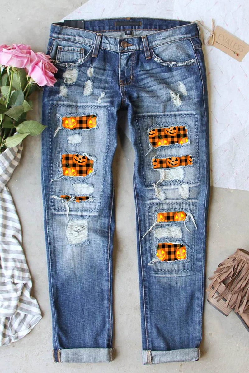Distressed Pumpkin Pattern Jeans with Pockets - Fashions Envy
