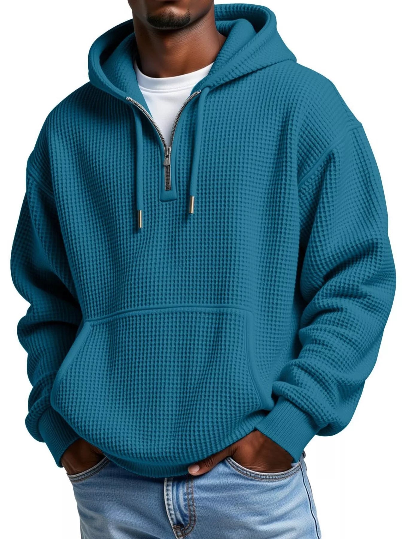 Waffle Knit Half-Zip Hoodie Men - Textured Cotton Blend - Fashions Envy