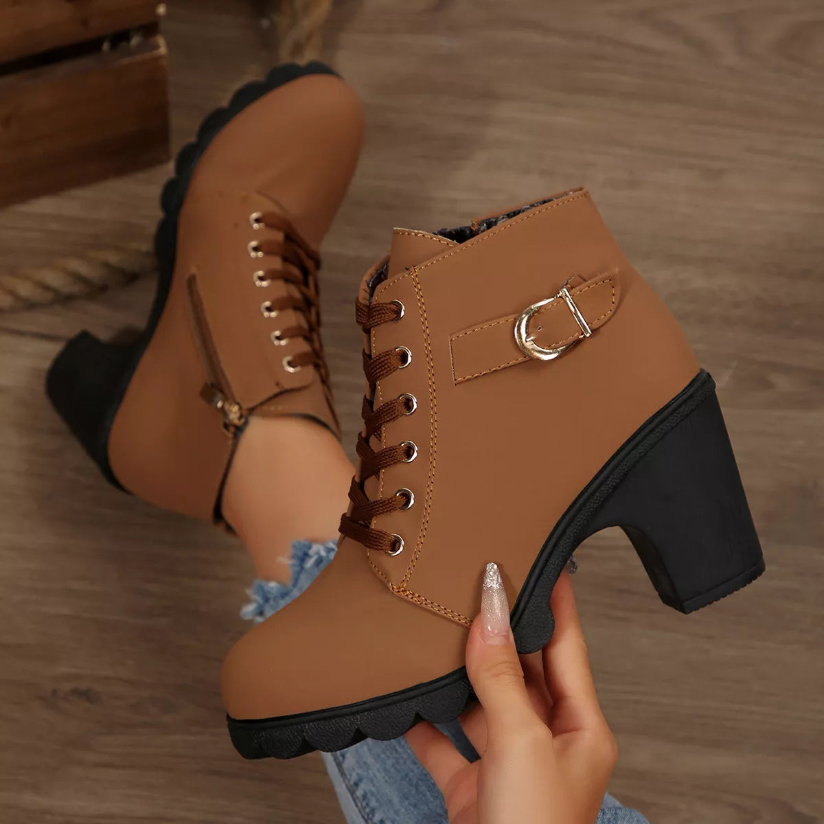 Lace Up Boots - Block High Heels - Fashions Envy