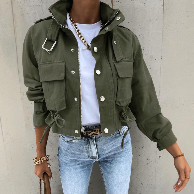 Women's Stand Collar Jacket - Button Zipper Spring Coat - Fashions Envy