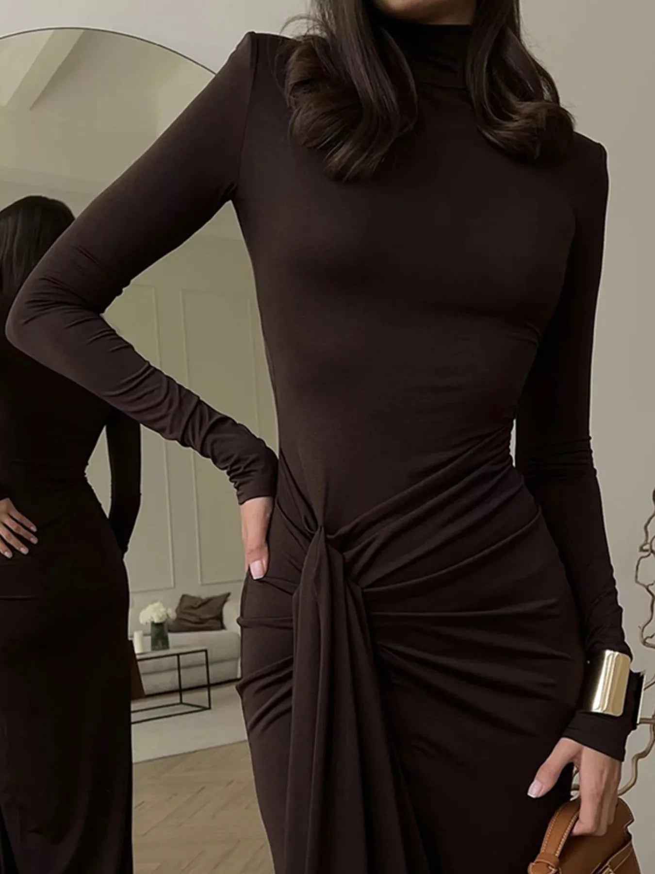 Turtleneck Maxi Dress - Long Sleeve Slit Tie Waist Style - Fashions Envy