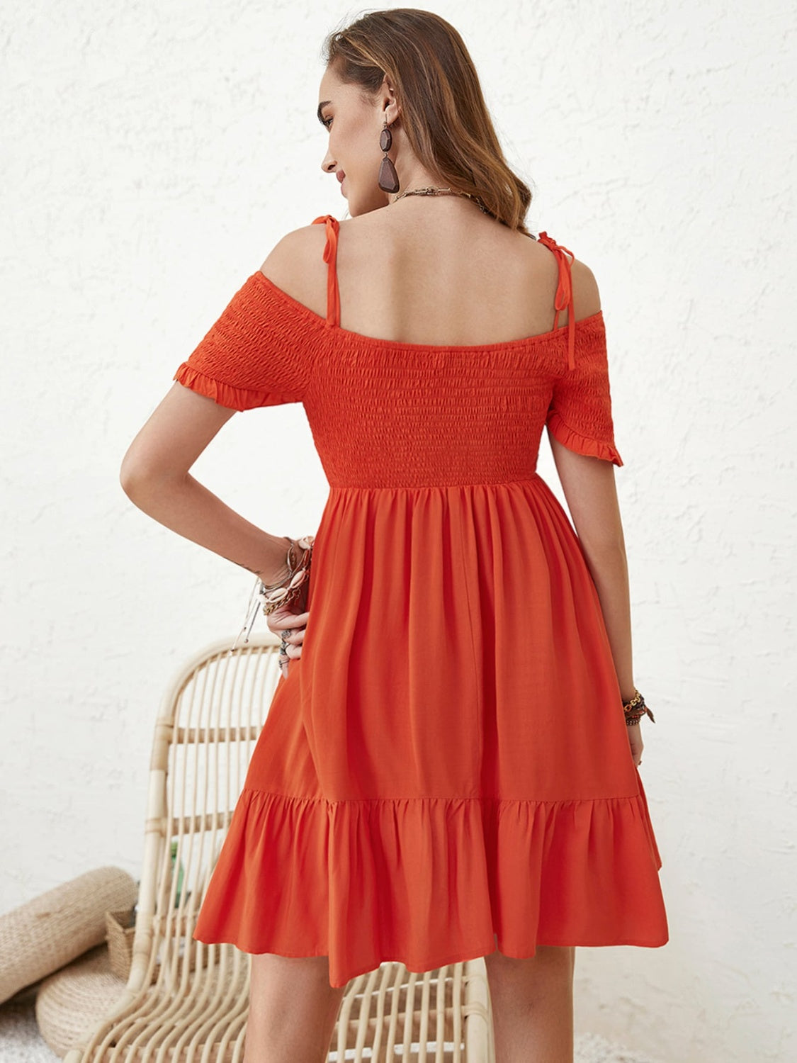 Orange Smocked Spaghetti Strap Short Sleeve Mini Dress