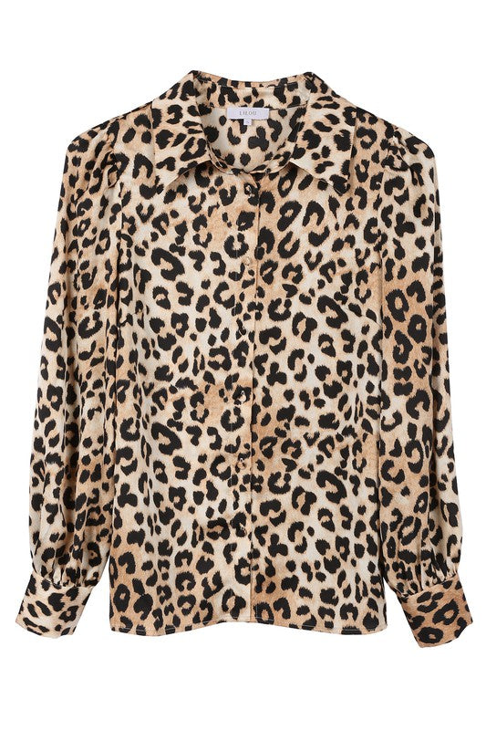 Satin Long Sleeve Leopard Blouse