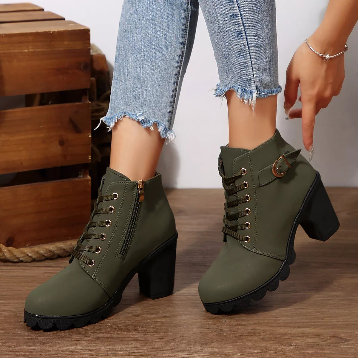 Lace Up Boots - Block High Heels - Fashions Envy