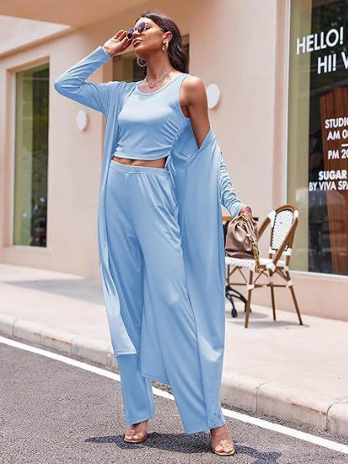 Drawstring Tank - Long Sleeve Cover Up and Pants Set - Fashions Envy