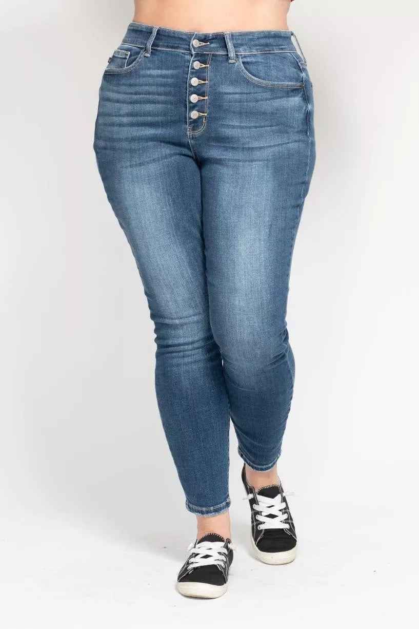 Judy Blue Full Size High Rise Button Fly Skinny Jeans Plus Size - Fashions Envy