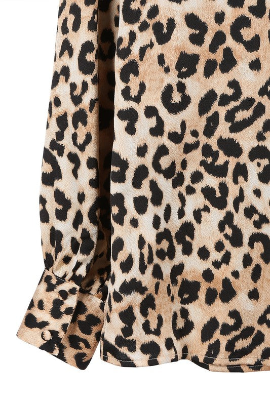 Satin Long Sleeve Leopard Blouse