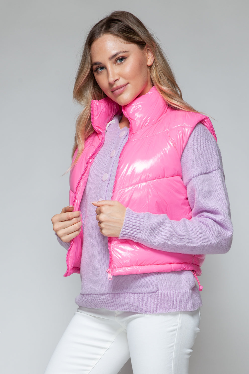 Snobbish Zip Up Turtleneck Shiny Quilted Vest - Fashions Envy