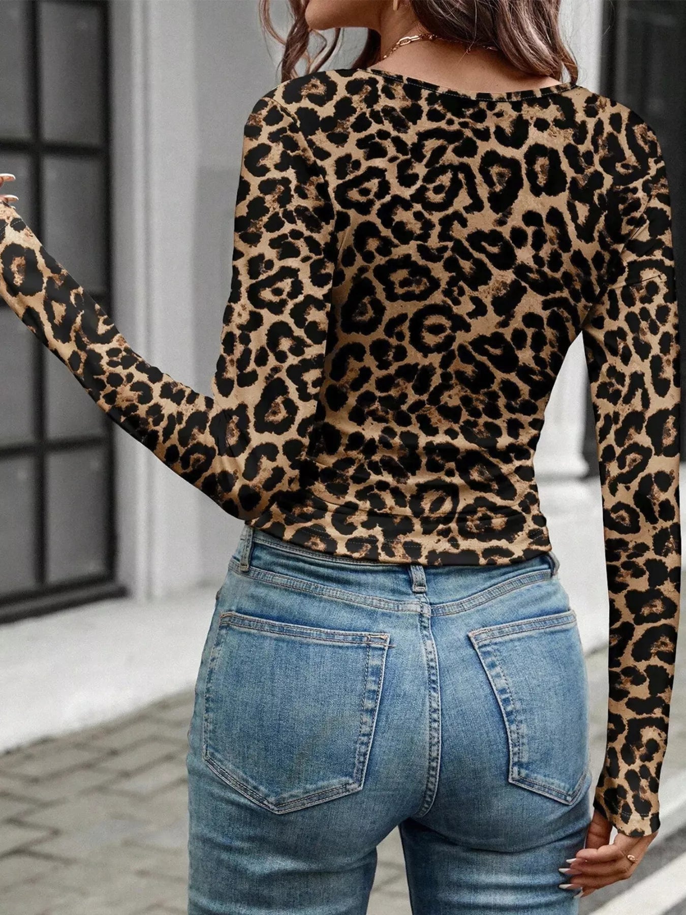 Leopard Print Top - Square Neck Long Sleeve Going Out - Fashions Envy