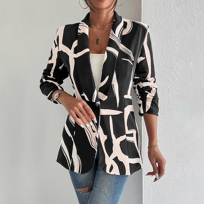 Women's Abstract Print Blazer - Button Front Office Jacket - Fashions Envy