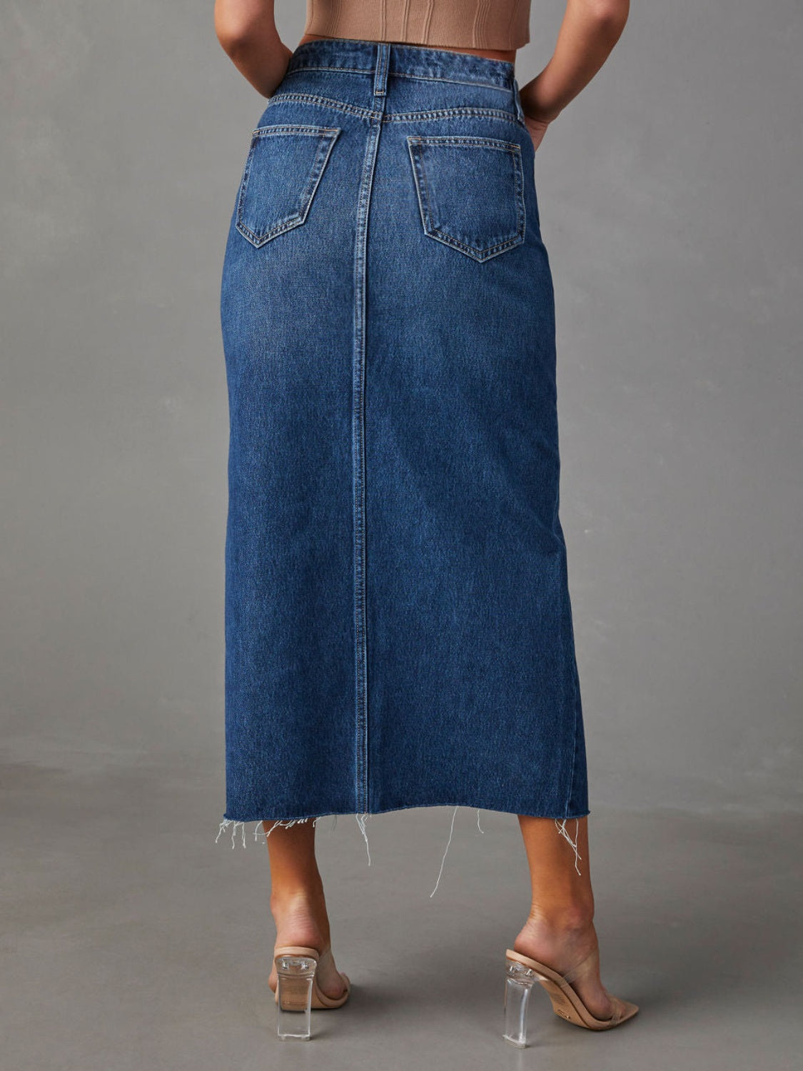 Slit Raw Hem Midi Denim Skirt - Fashions Envy