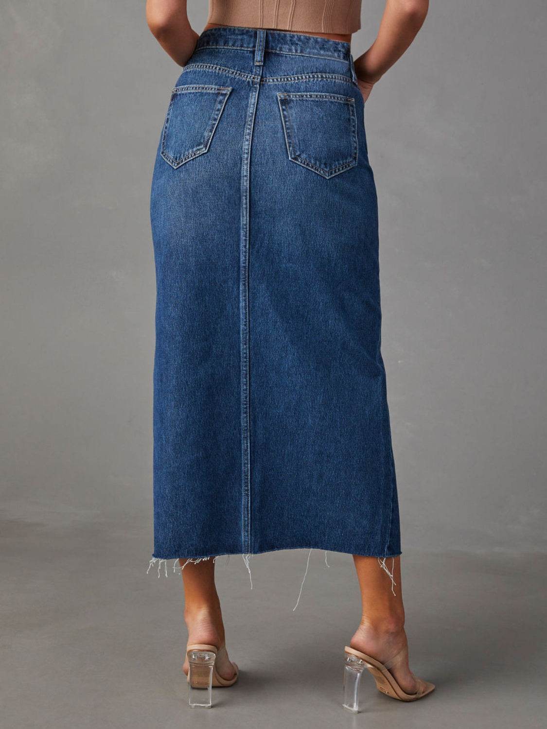 Slit Raw Hem Midi Denim Skirt - Fashions Envy
