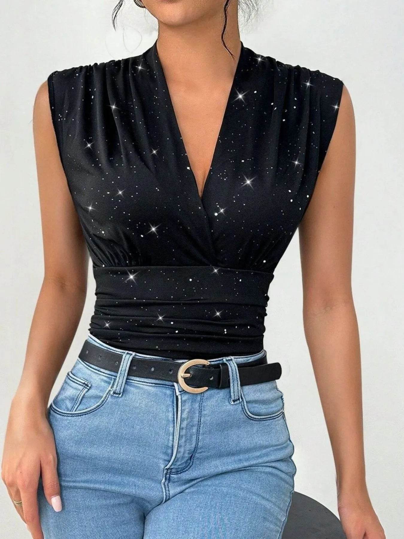 Surplice Sleeveless Slim Blouse - Elegant Wrap Style Top - Fashions Envy